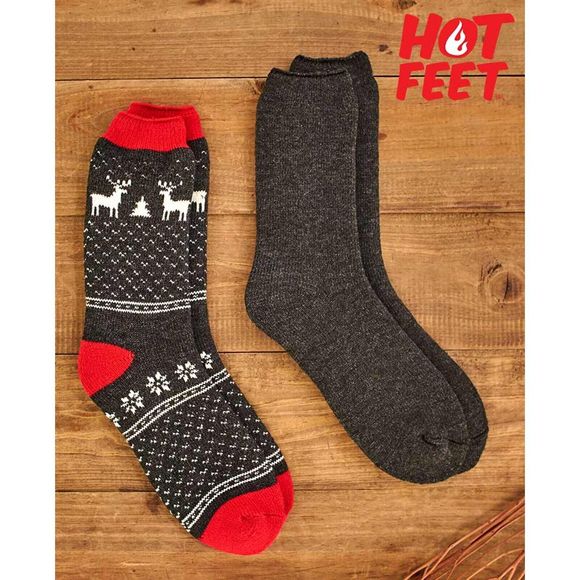 Hot Feet Men's 2-Pair Thermal Socks Size 7-12.5 Snowflakes Deer Gray/Gray Marled - Picture 1 of 3